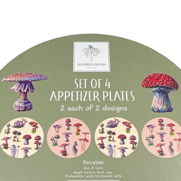 NEW Bluebird & Willow MUSHROOM APPETIZER PLATES Boxed Set/4 ๐๐๐ - Picture 5 of 5